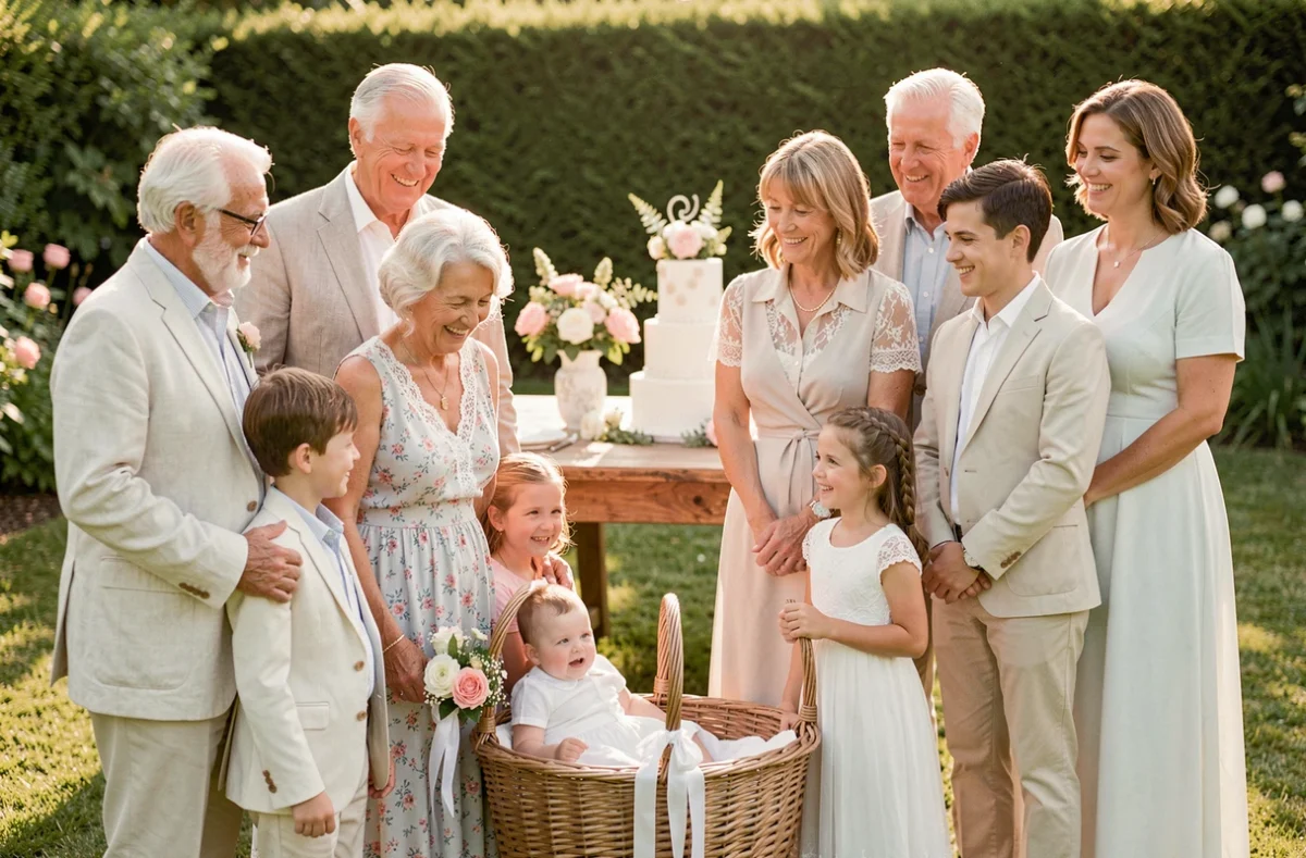 Famille réunie dans un jardin pour célébrer le baptême d'un bébé avec gâteau et fleurs blanches