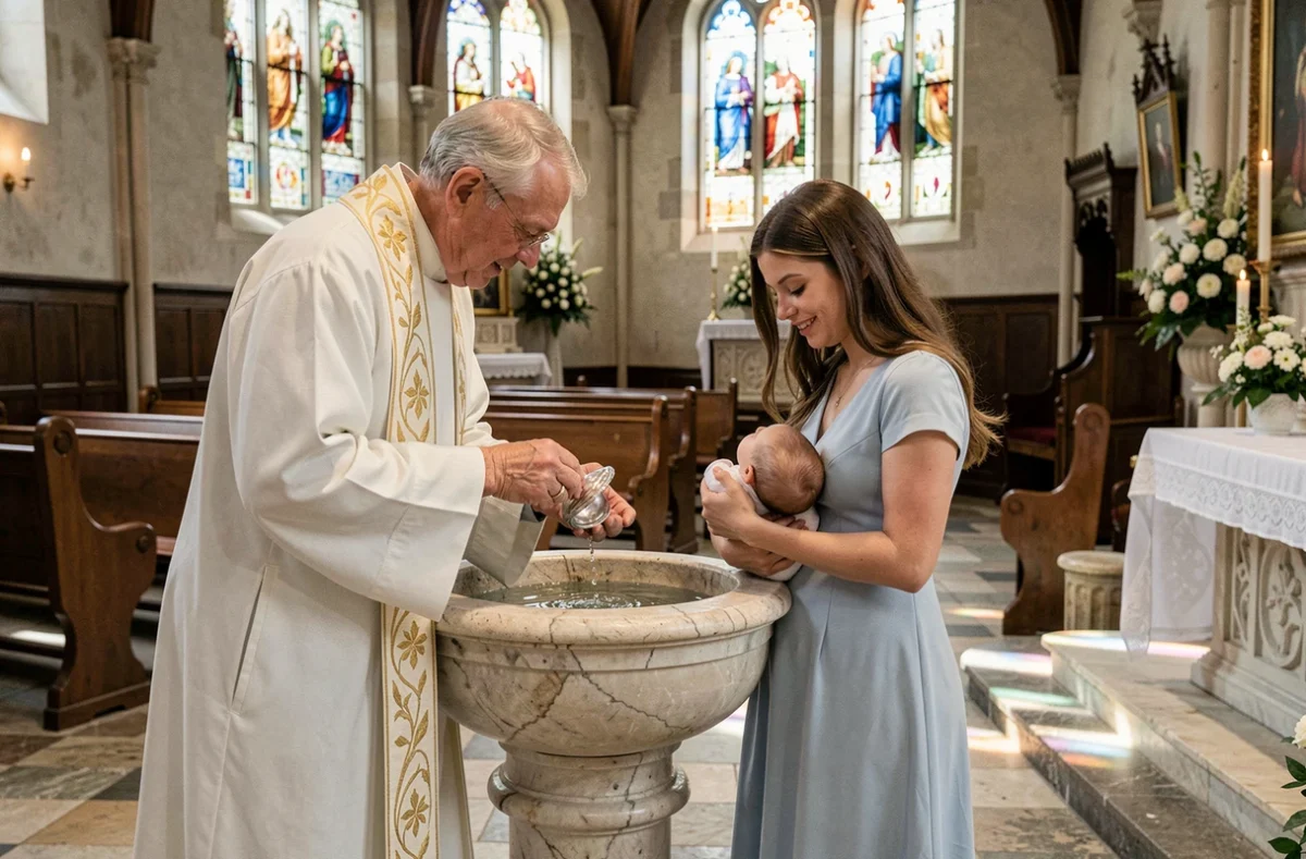 Prêtre versant l'eau bénite sur la tête d'un nourrisson lors d'une cérémonie de baptême catholique