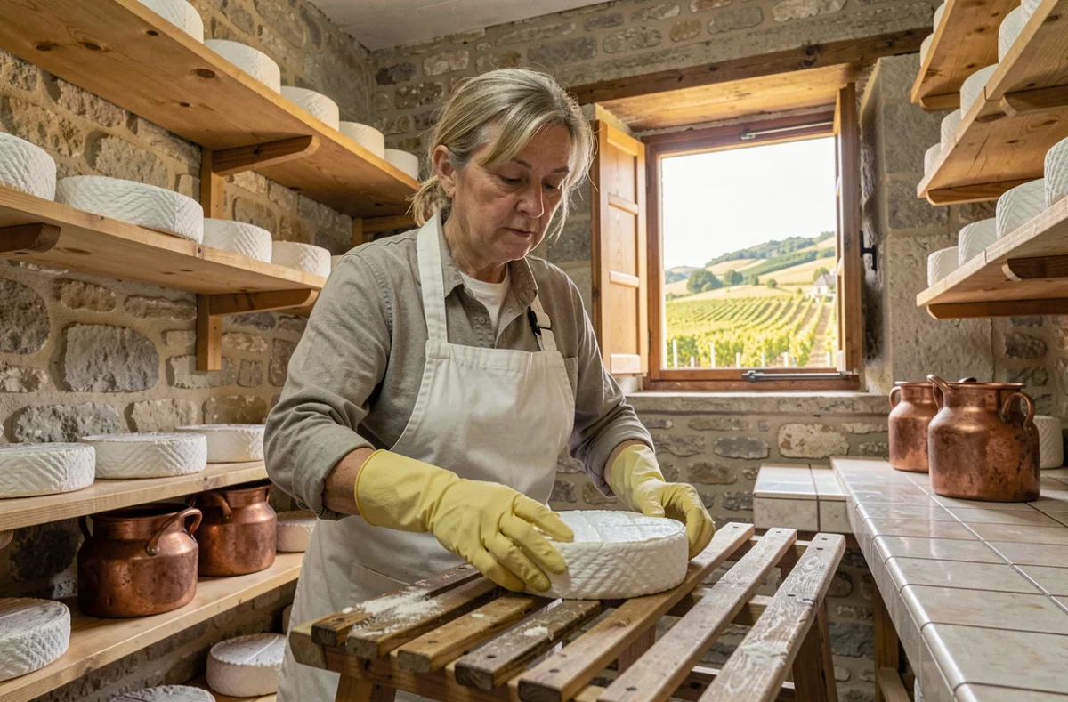 Une fromagère dispose des chèvres frais sur des claies dans la fromagerie de la Chèvrerie des Gallands dans le Sancerrois