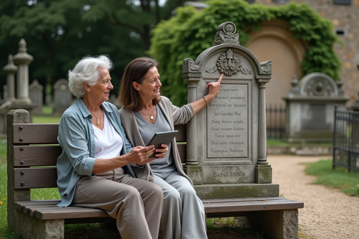Deux femmes étudiant une pierre tombale ancienne avec un blason noble gravé dans un cimetière de village français
