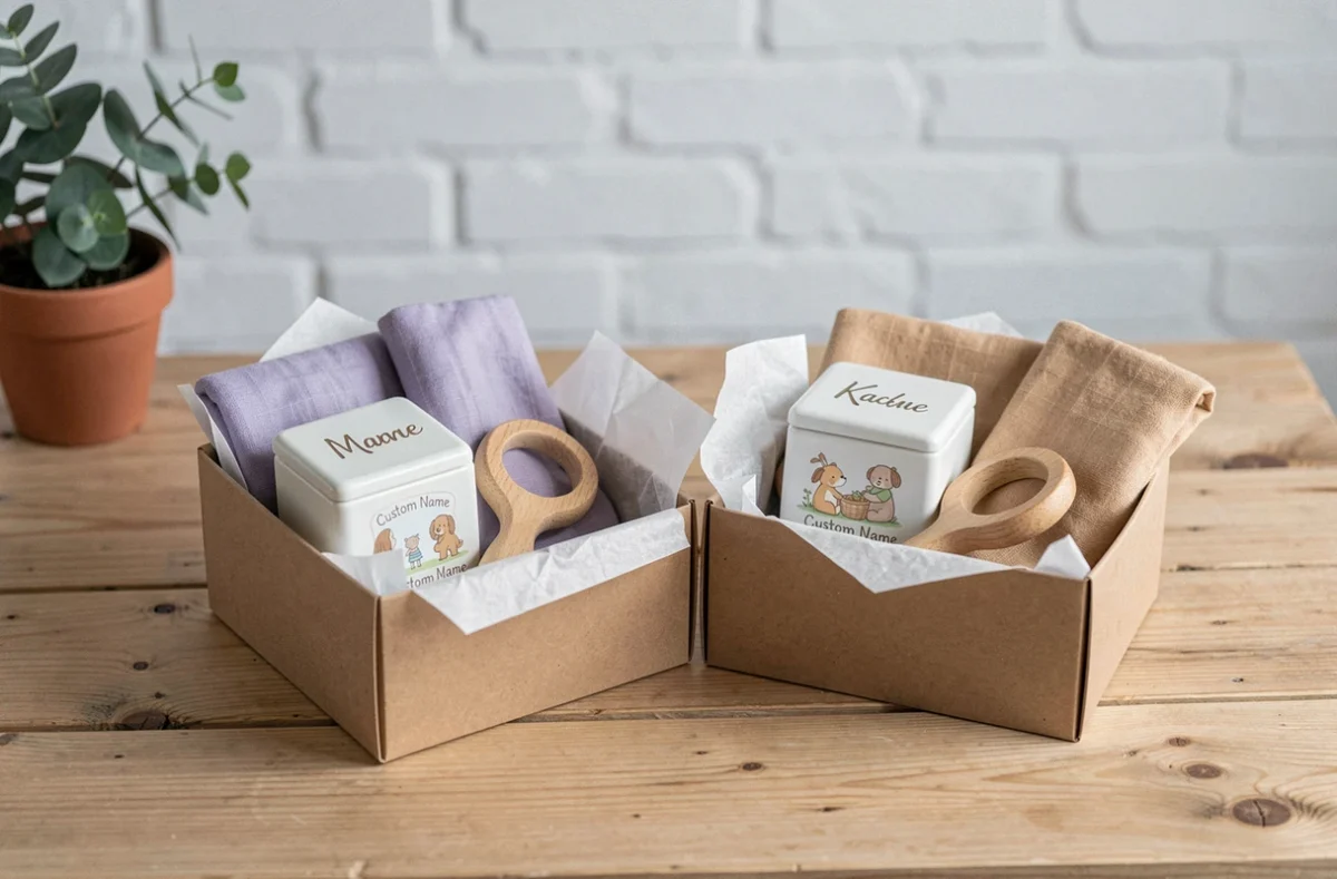 Deux coffrets cadeaux de naissance personnalisés pour jumeaux posés sur une table en bois avec des jouets en bois, livres illustrés et boîtes souvenir gravées aux prénoms dans des tons pastel coordonnés