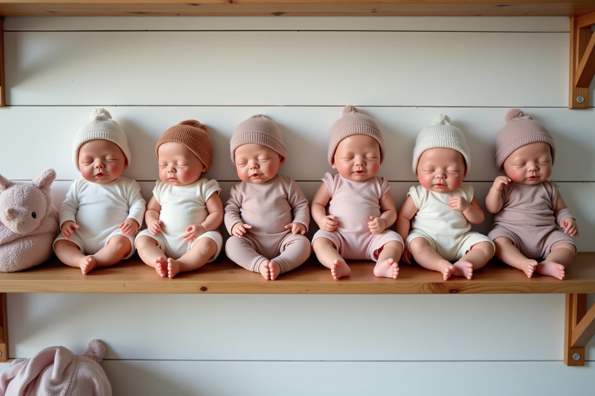 Plusieurs poupées rebornes en silicone exposées sur une étagère en bois rustique dans un atelier de collection avec différentes tenues et teintes de peau