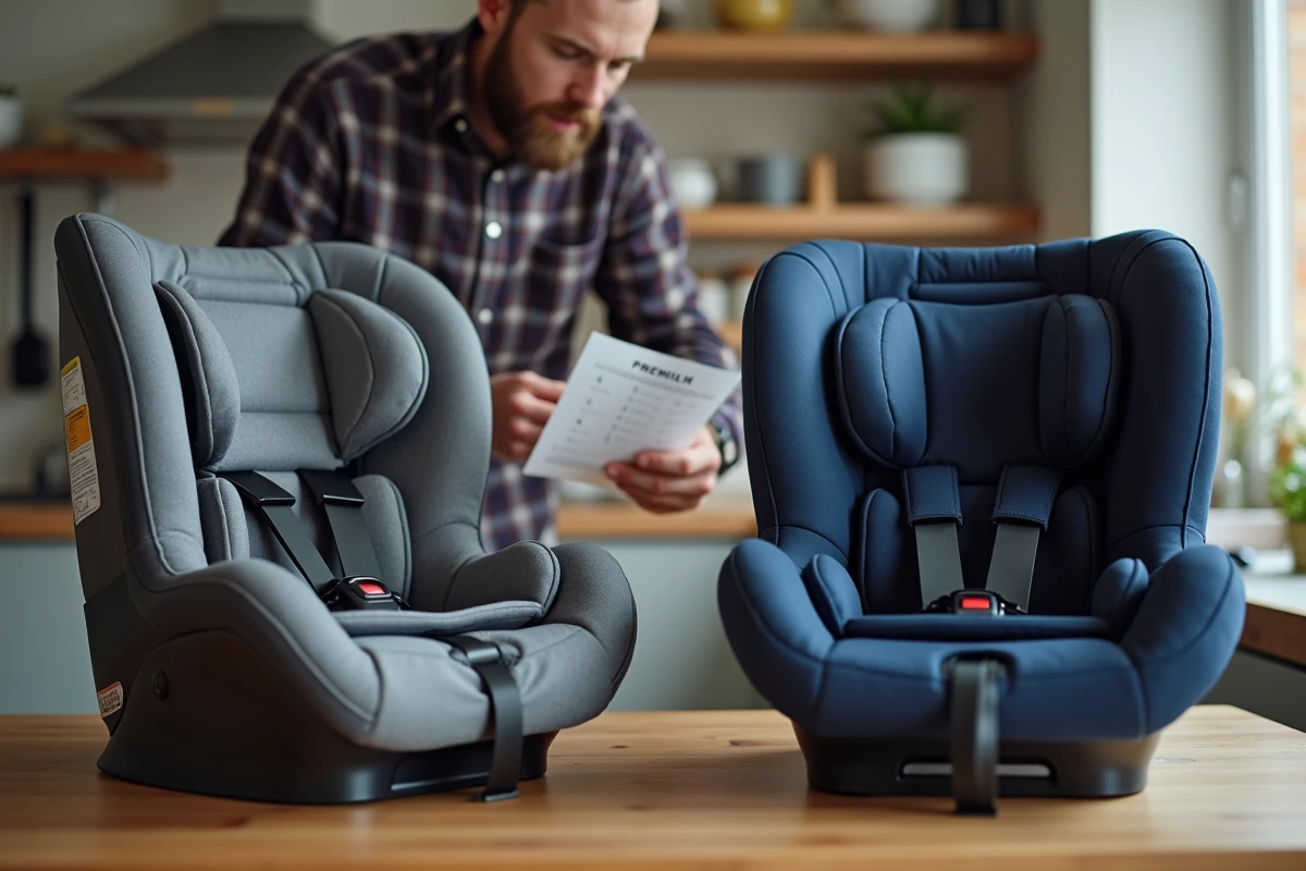 Comparaison côte à côte de deux sièges auto bébé de gammes différentes sur une table en bois