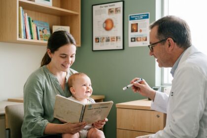 Mère tenant un carnet de santé visuelle pendant une consultation ophtalmologique pédiatrique avec son bébé
