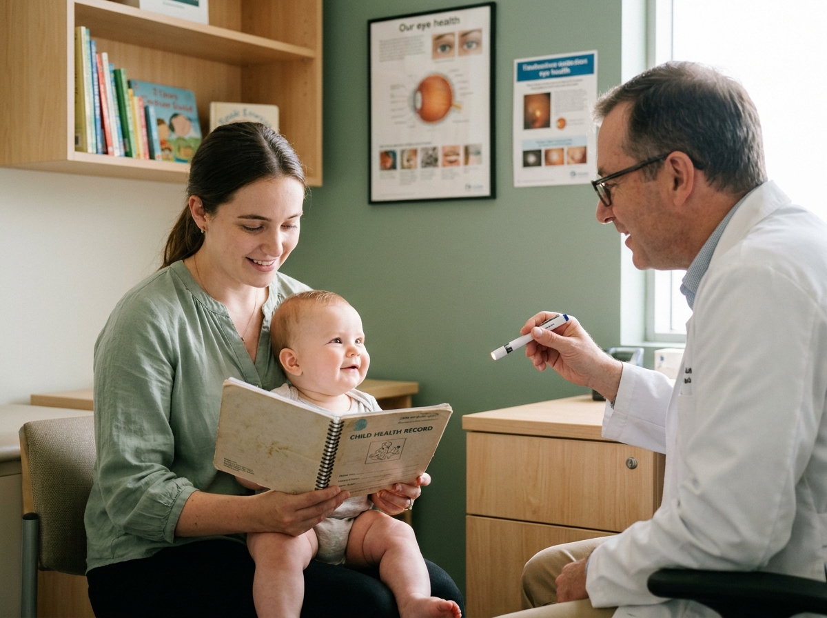 Mère tenant un carnet de santé visuelle pendant une consultation ophtalmologique pédiatrique avec son bébé