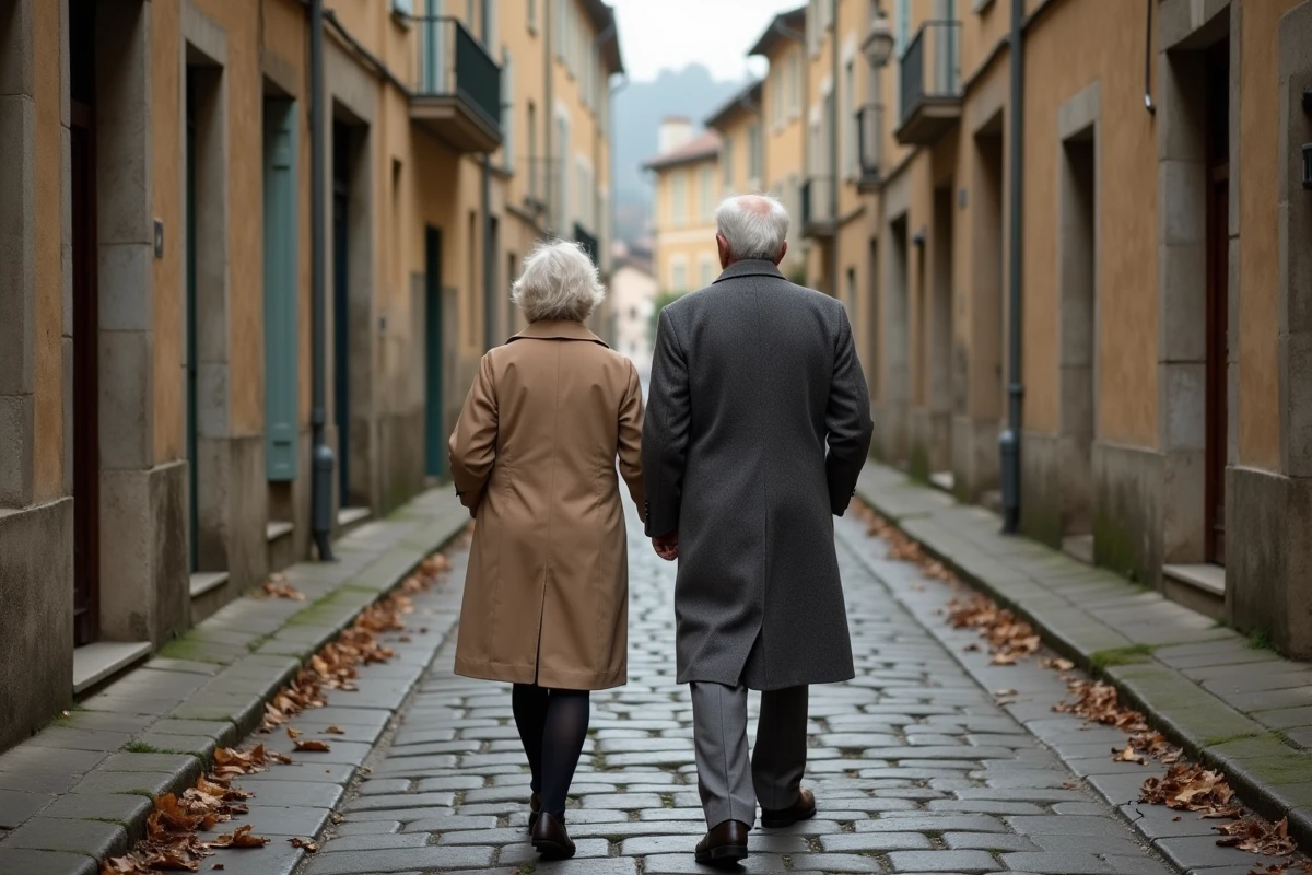 Couple âgé marchant dans une ruelle pavée française en automne évoquant la vie discrète et partagée d'un homme politique et son épouse