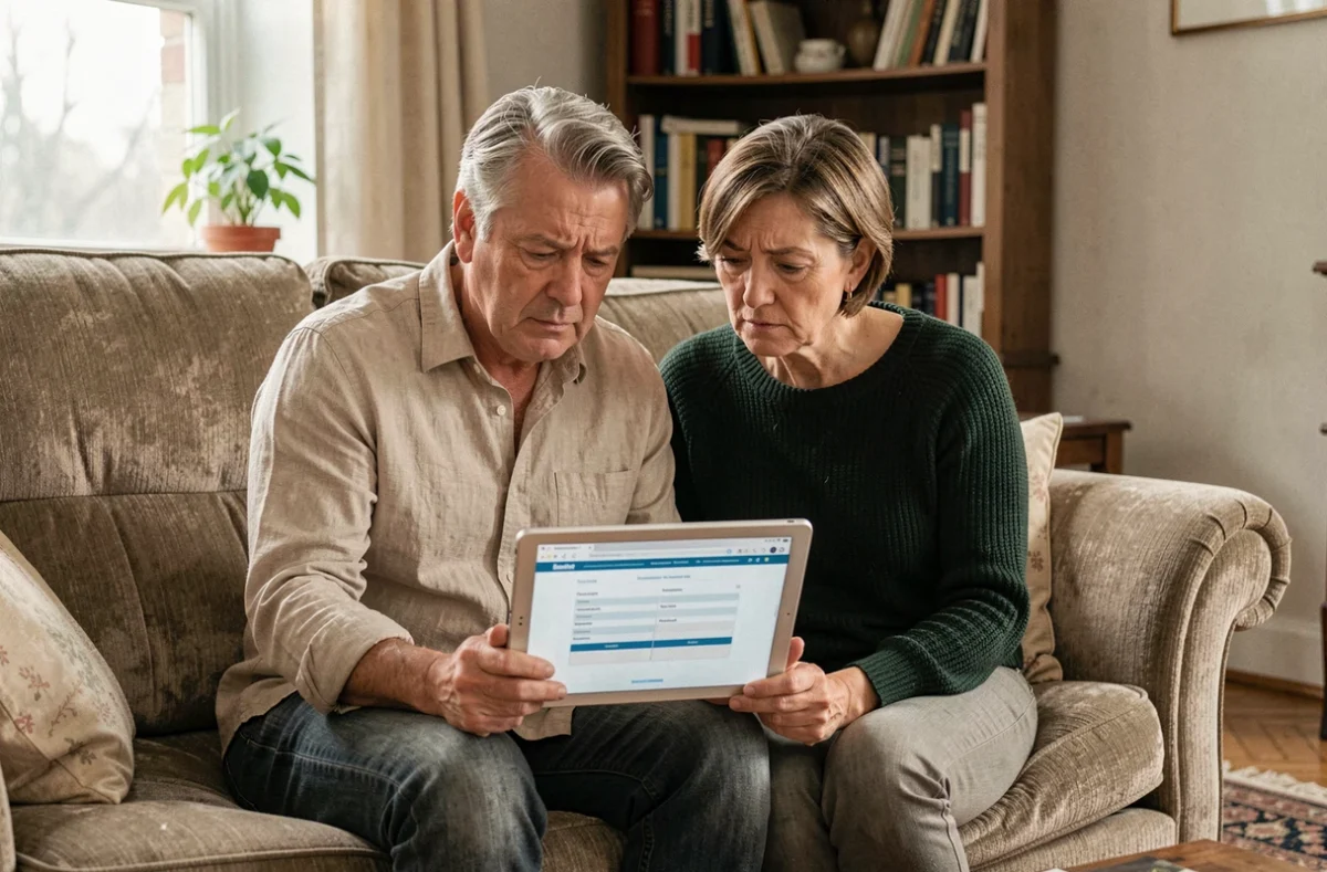 Couple calculant leurs droits au RSA sur une tablette dans leur salon
