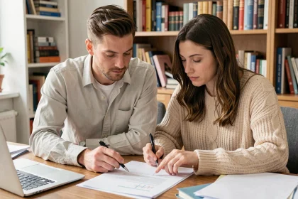Couple remplissant un certificat de concubinage imprimé à leur bureau à domicile