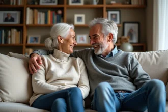 Couple souriant dans un salon chaleureux et cosy