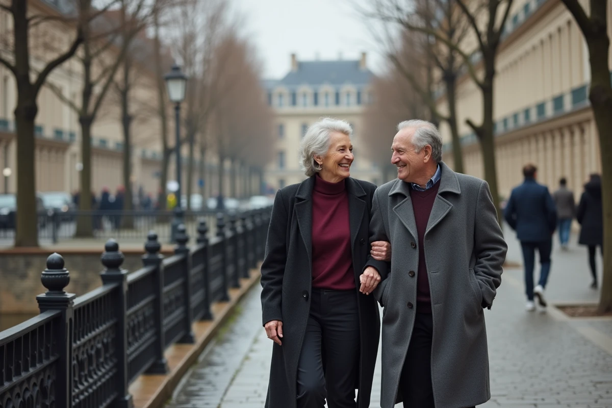 Couple mature élégant se promenant sur un boulevard parisien pavé en automne, illustration d'un article sur la vie de couple de Roselyne Bachelot