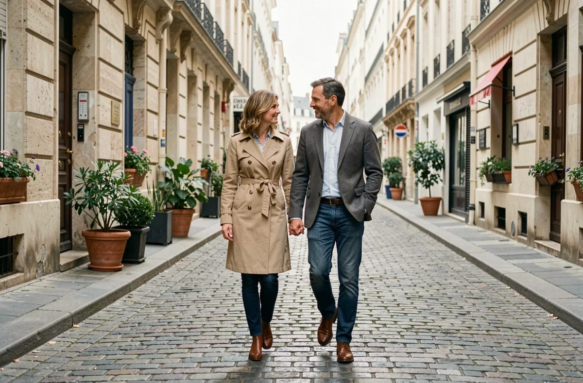 Couple se promenant main dans la main dans un quartier parisien, symbolisant l'équilibre entre vie publique et vie privée pour un couple médiatique