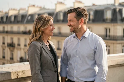 Couple élégant partageant un moment complice sur une terrasse parisienne, illustrant la vie privée d'une personnalité médiatique et de son mari