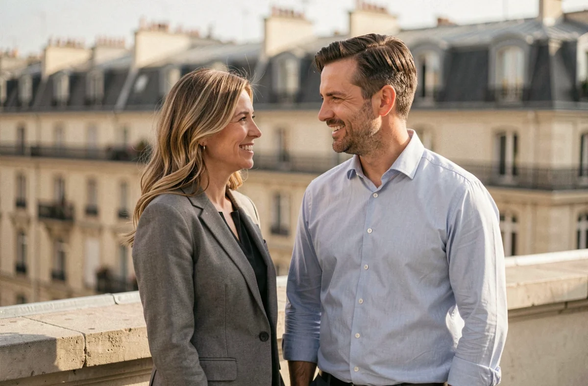Couple élégant partageant un moment complice sur une terrasse parisienne, illustrant la vie privée d'une personnalité médiatique et de son mari