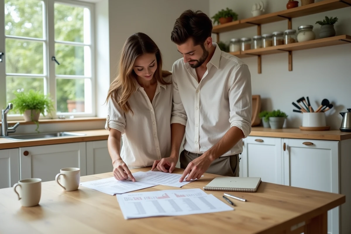 Couple de futurs parents en train de préparer leur liste de naissance ensemble autour d'une table de cuisine avec des notes et des produits bébé