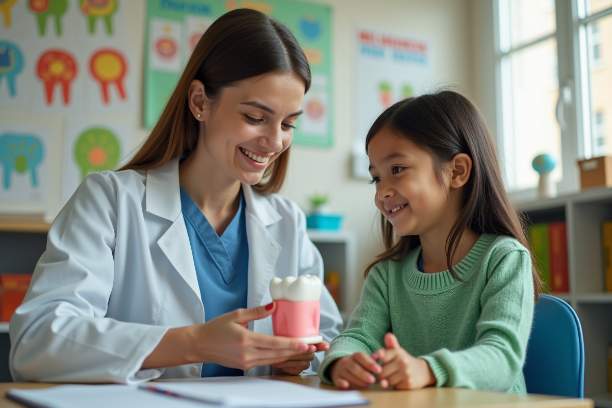 Dentiste expliquant la croissance dentaire à une fille