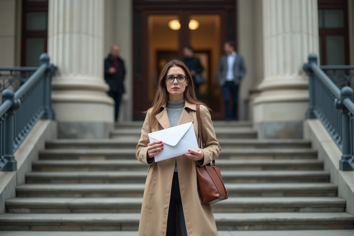 Femme déposant une lettre au greffe du tribunal aux affaires familiales pour obtenir une audience urgente