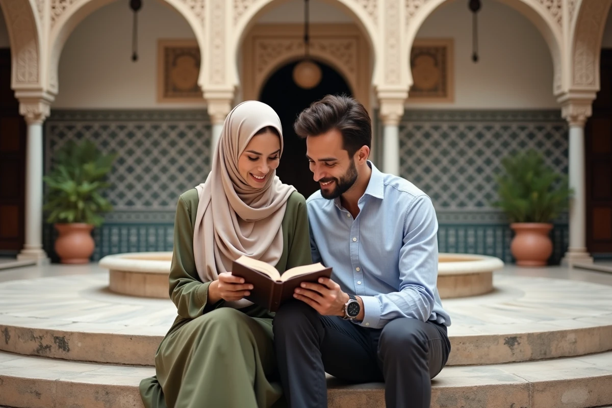 Couple lisant ensemble assis sur les marches d'une mosquée aux carreaux géométriques, évoquant la dimension spirituelle de l'histoire d'amour de Diams