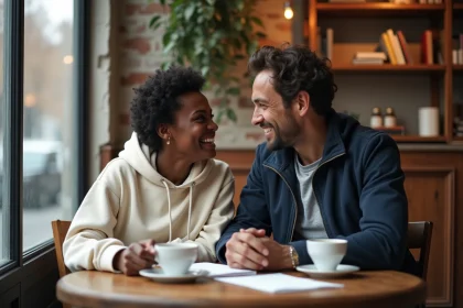 Couple complice partageant un moment de rire dans un café parisien vintage, illustrant l'histoire d'amour de Diams et son mari