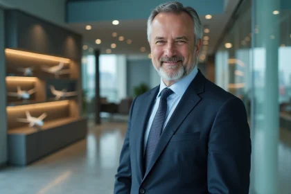 Portrait d'un dirigeant de l'industrie aérospatiale en costume marine dans un siège social moderne