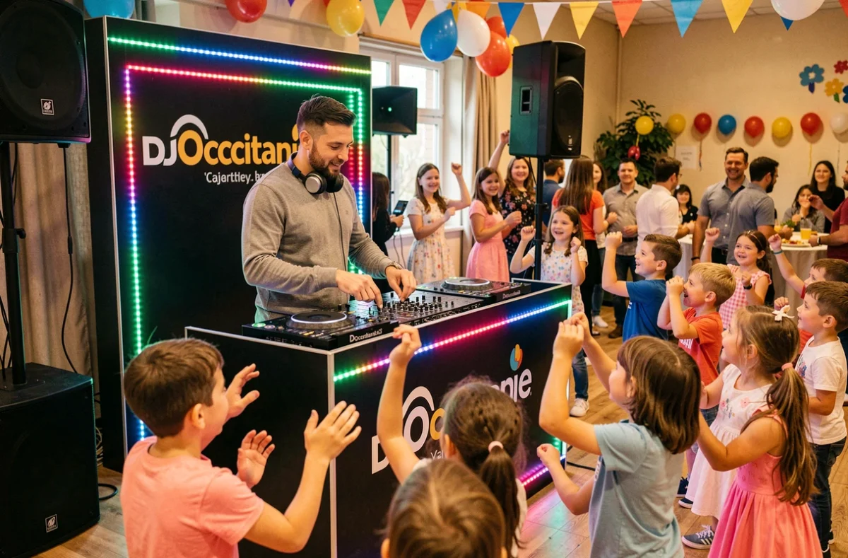 DJ Occitanie derrière sa table de mixage lors d'un anniversaire avec des enfants qui dansent en salle