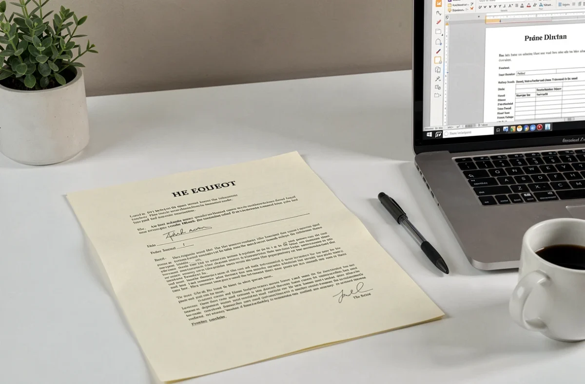 Document de certificat de concubinage imprimé posé sur un bureau avec stylo et ordinateur portable