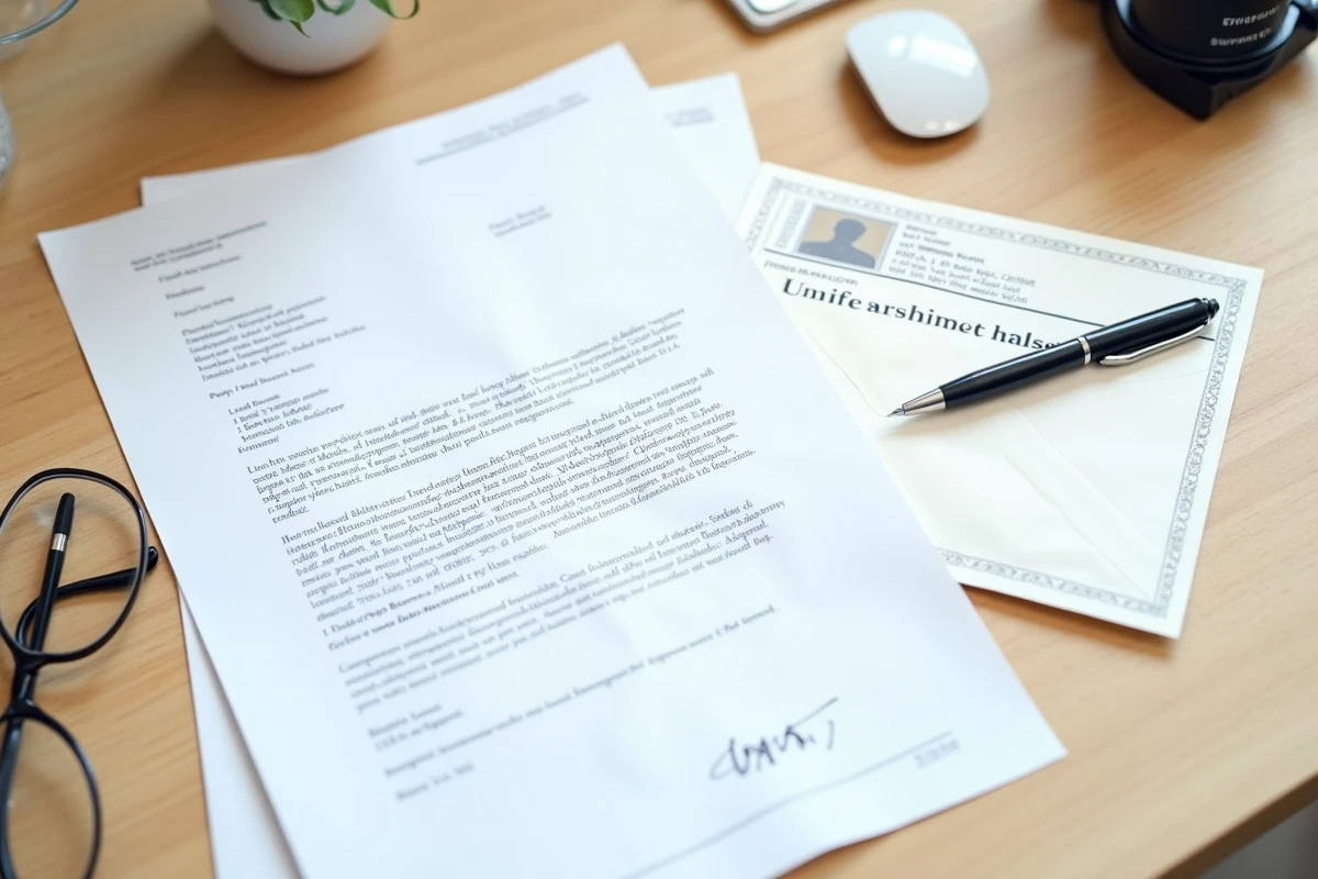 Vue de dessus d'un bureau avec courrier de déclaration de décès à la CPAM, acte de décès et enveloppe prête à envoyer
