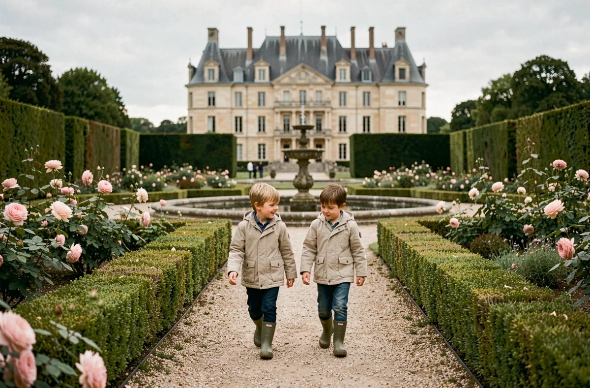 Deux enfants explorant les jardins à la française du Domaine de Villarceaux avec le château en arrière-plan