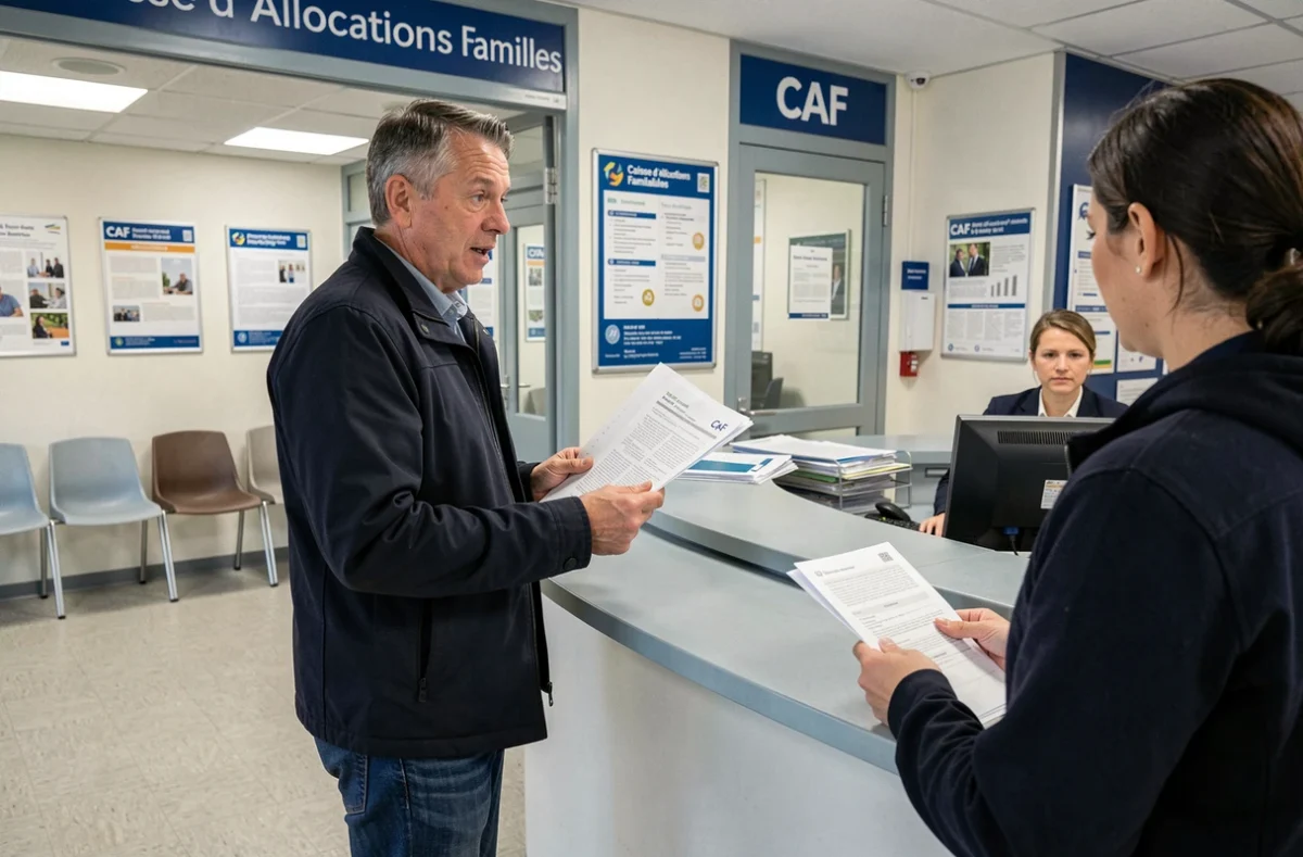 Homme déposant un dossier RSA au guichet d'une agence CAF