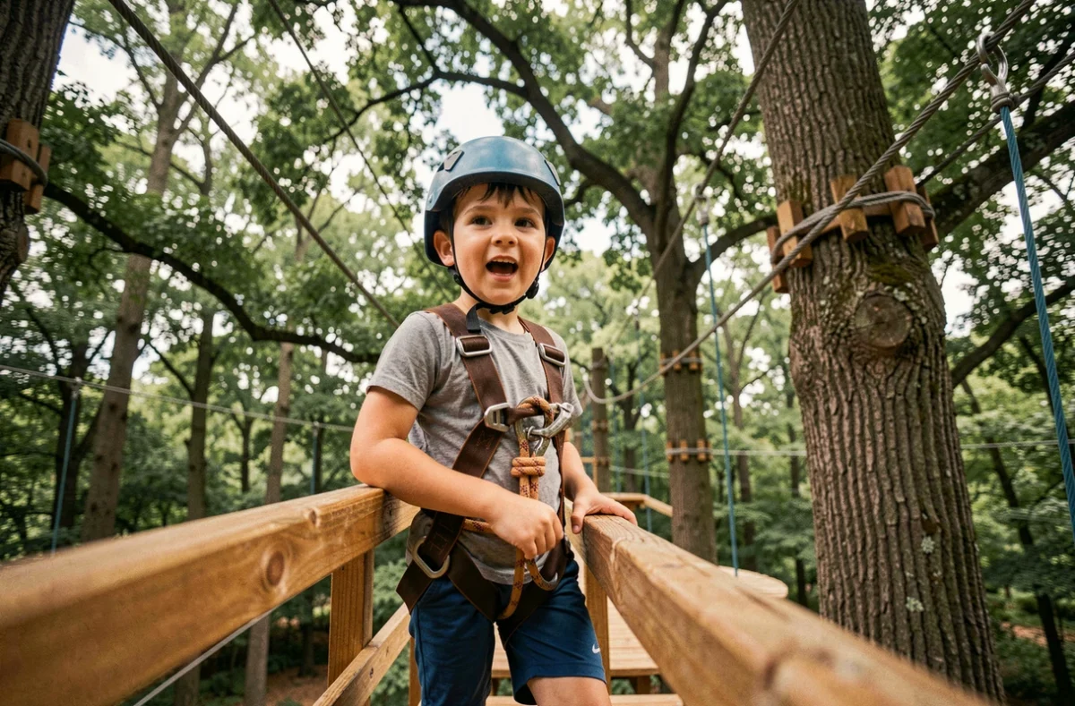 Un enfant équipé d'un harnais s'apprêtant à traverser un parcours accrobranche à l'Ecopark Adventures de Sannois
