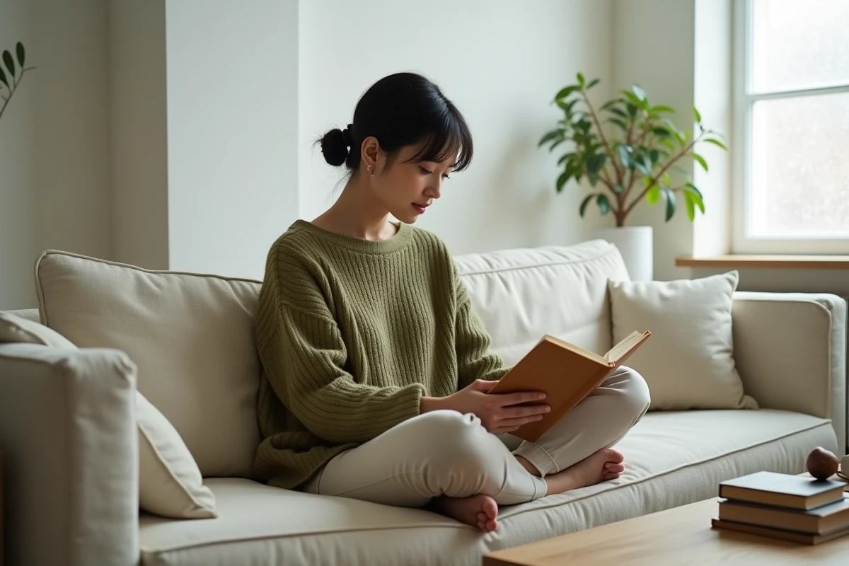 Femme lisant un livre sur un canapé dans un intérieur minimaliste, symbolisant l'intimité et le refus de l'exposition médiatique