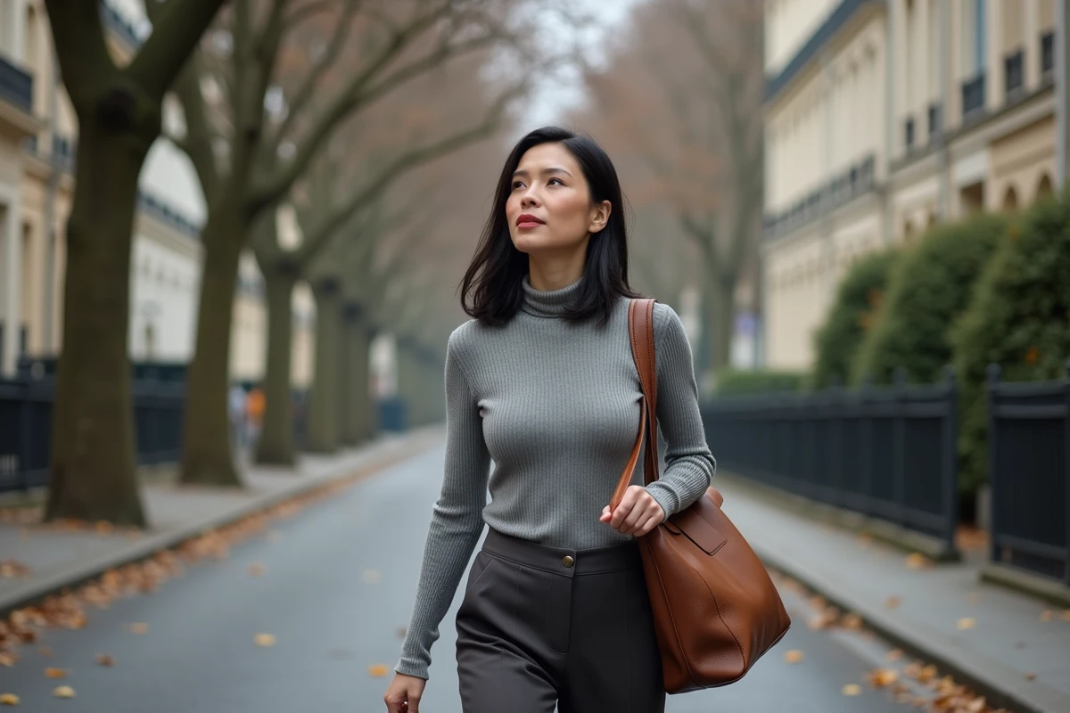 Femme marchant seule dans une rue parisienne en automne, allure discrète et déterminée, symbole de la vie privée préservée