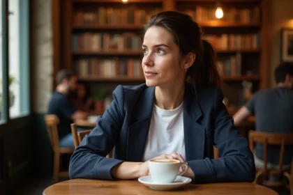 Femme brune discrète assise seule dans un café parisien, regard détourné, illustrant le refus de la vie publique people