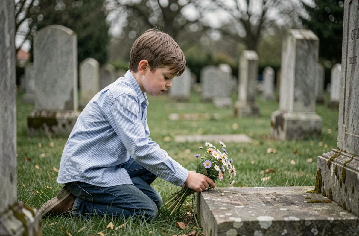 Enfant déposant des fleurs sauvages sur la tombe de son père dans un cimetière paisible et verdoyant