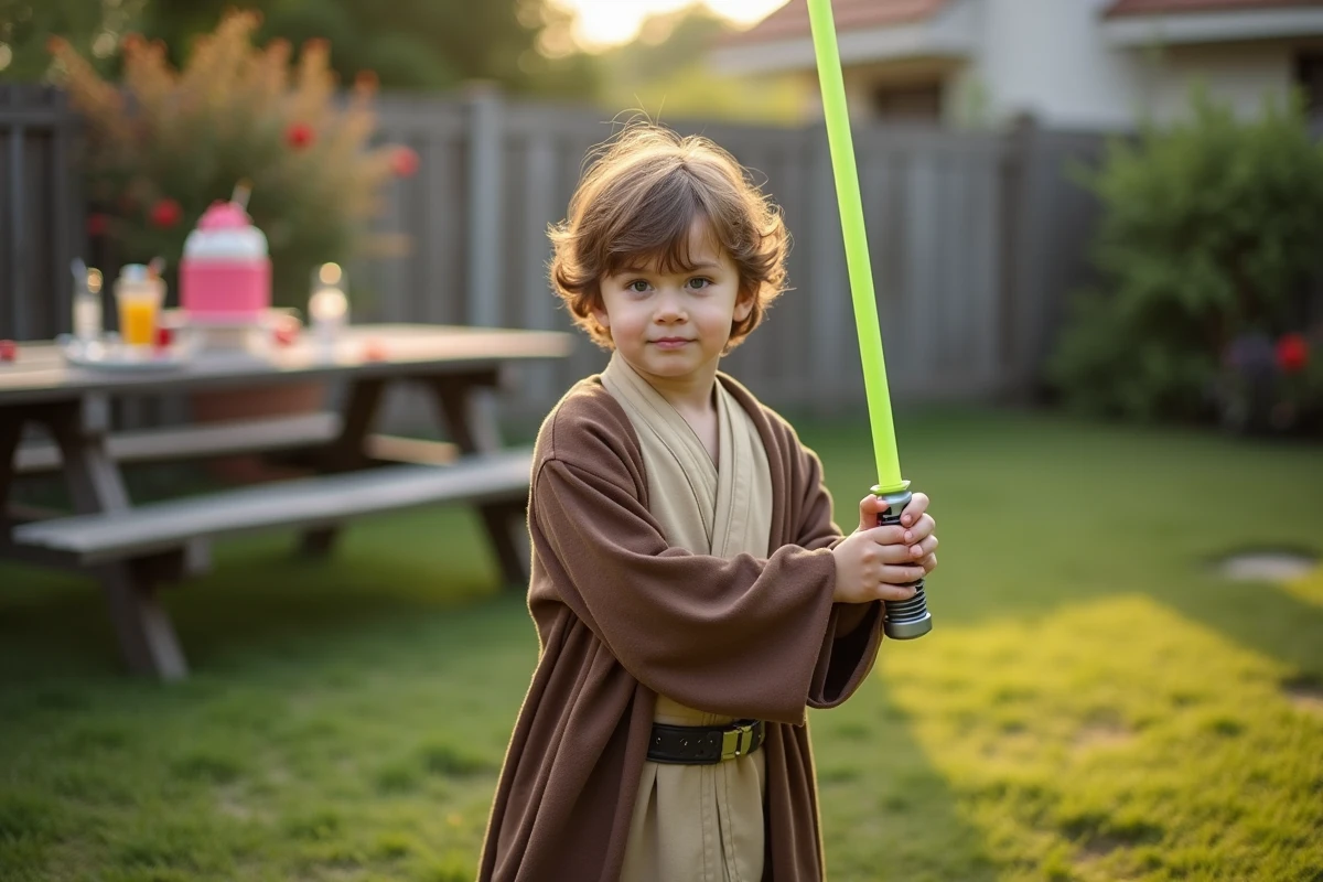 Jeune enfant en costume de Jedi dans un jardin extérieur