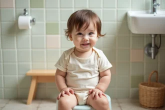 Petite fille assise sur un pot dans une salle de bain chaleureuse