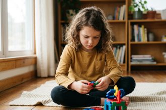 Jeune fille concentrée assemblant un puzzle de construction coloré sur un parquet en bois dans un salon chaleureux