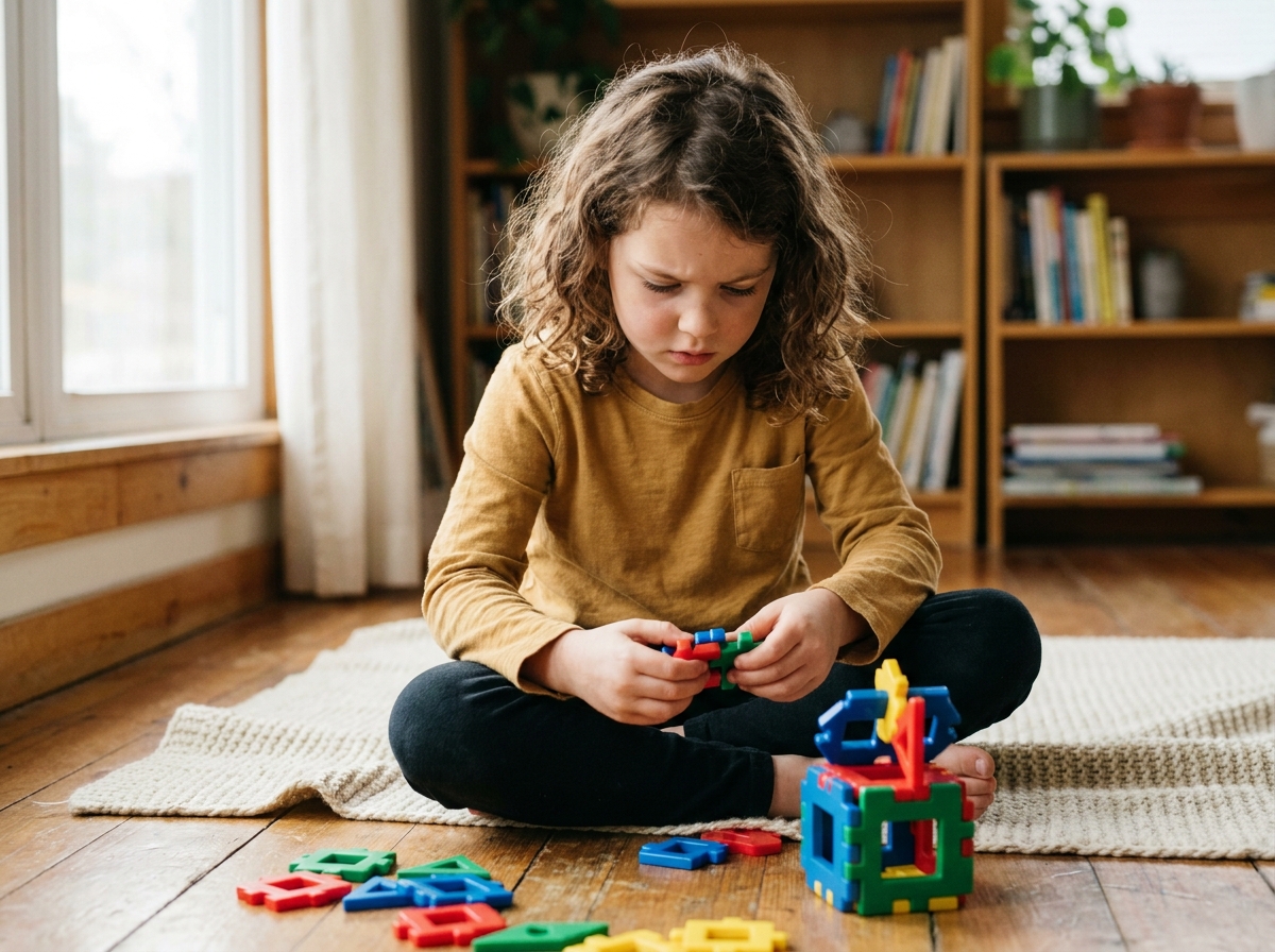 Jeune fille concentrée assemblant un puzzle de construction coloré sur un parquet en bois dans un salon chaleureux