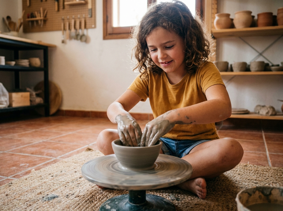 Jeune fille modelant de l'argile sur un tour de poterie lors d'un stage créatif de vacances