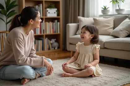Petite fille souriante avec sa maman dans un salon chaleureux