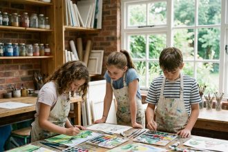 Trois enfants en tabliers peignant ensemble dans un atelier d'art créatif pendant les vacances