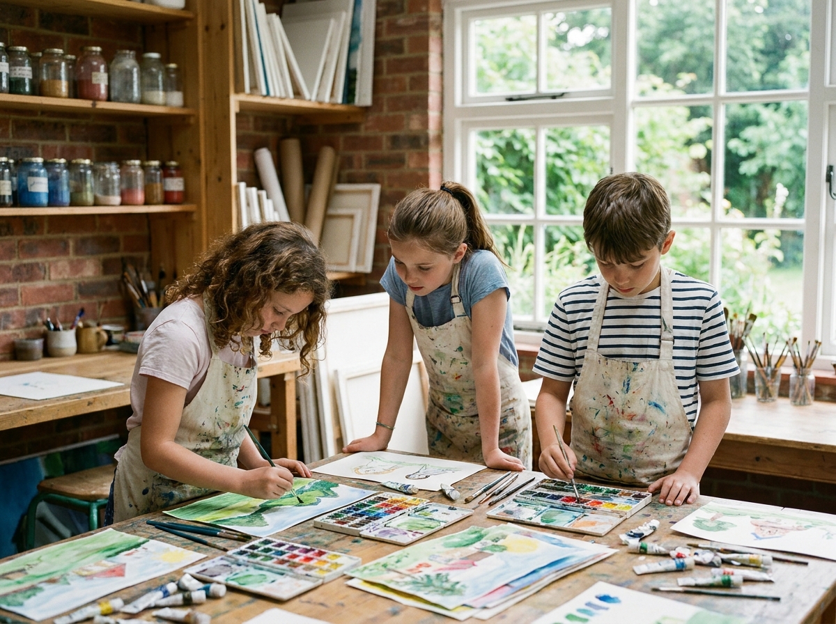 Trois enfants en tabliers peignant ensemble dans un atelier d'art créatif pendant les vacances
