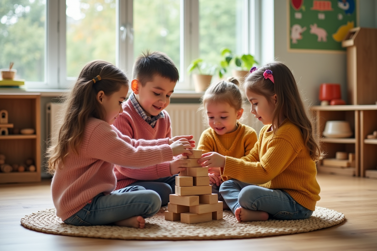 Groupe d enfants construisant une tour en bois dans une classe moderne