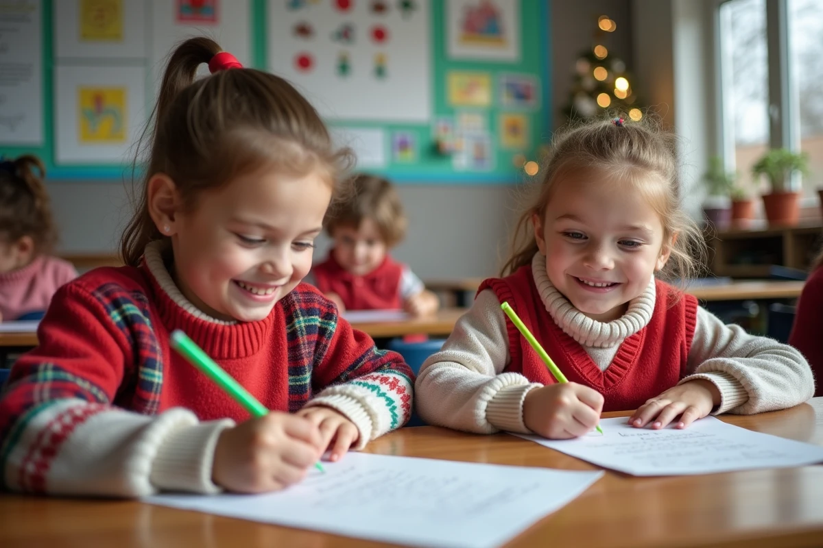 Jeunes enfants écrivant des lettres à Santa dans une classe chaleureuse