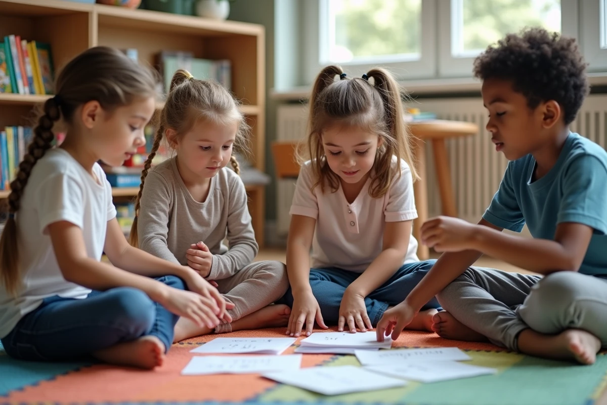 Enfants assis en cercle sur un tapis de classe participant à un jeu sensoriel touche touche pas avec un objet central