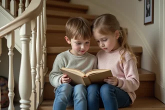 Jeunes enfants lisant un livre dans un appartement parisien