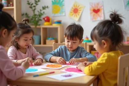 Groupe d'enfants en maternite fabriquant des cadeaux pour la fête des mères