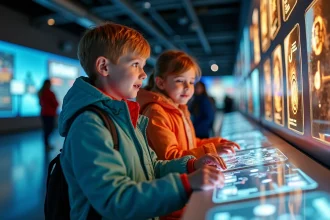 Deux enfants explorant une exposition scientifique interactive dans un musée parisien le soir