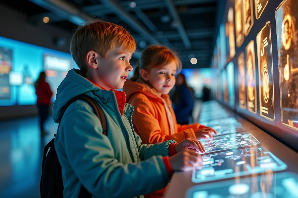 Deux enfants explorant une exposition scientifique interactive dans un musée parisien le soir