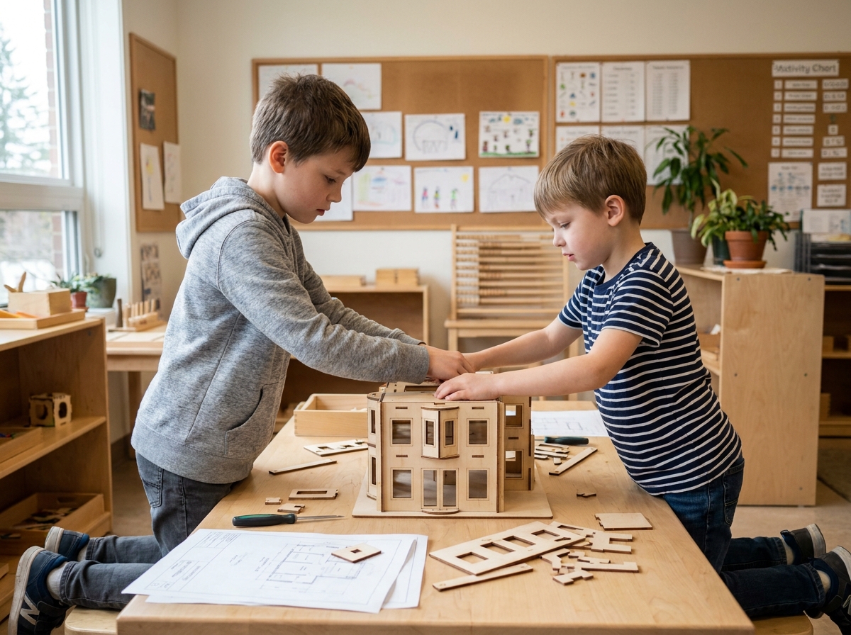 Deux garçons collaborant sur un puzzle de construction en bois 3D dans une salle de classe lumineuse