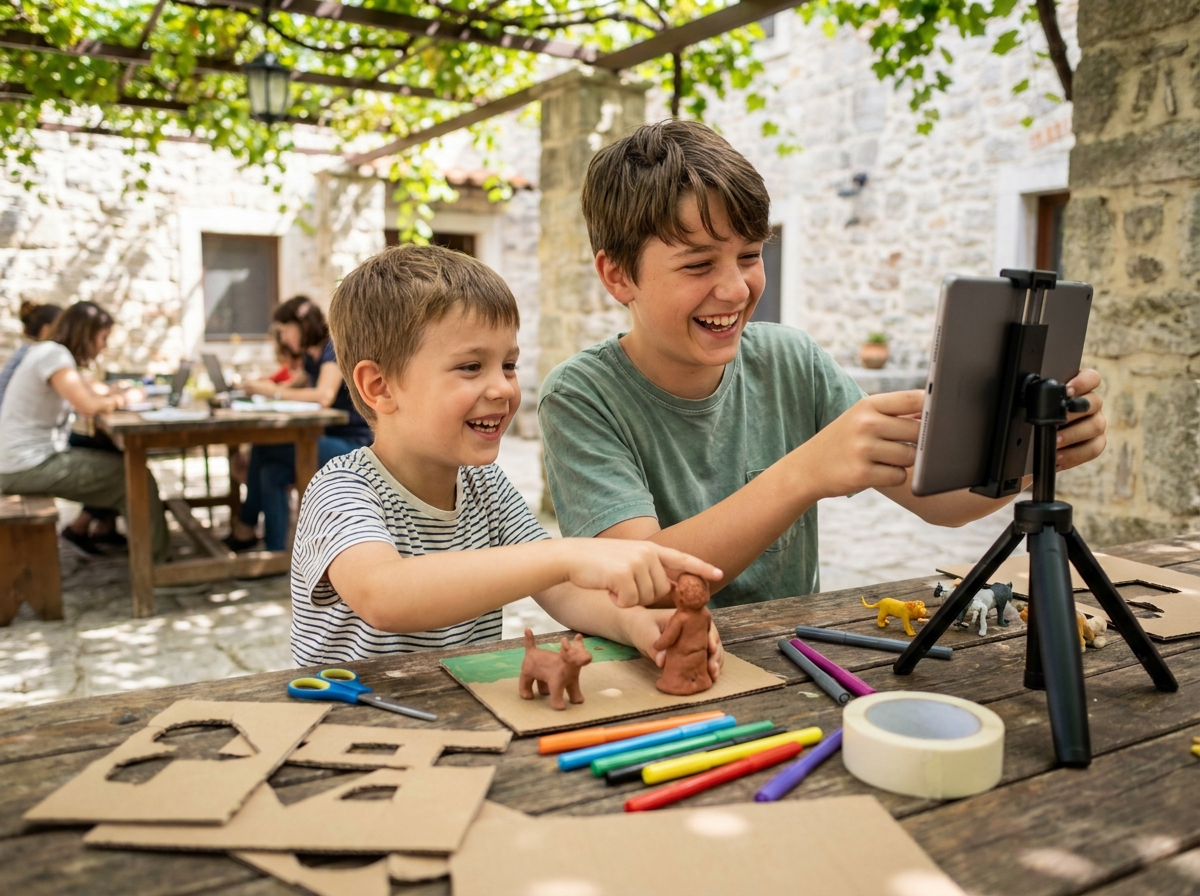 Deux garçons collaborant sur un projet d'animation en stop-motion lors d'un stage créatif de vacances en plein air